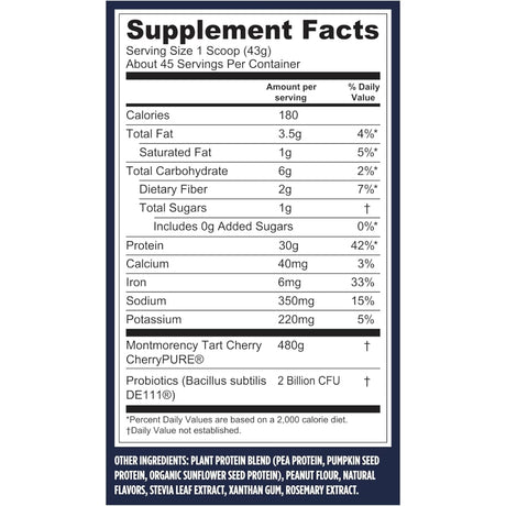 Tabla nutricional del suplemento Vega Proteína Vegana Performance sabor Mantequilla de Maní 4 lb