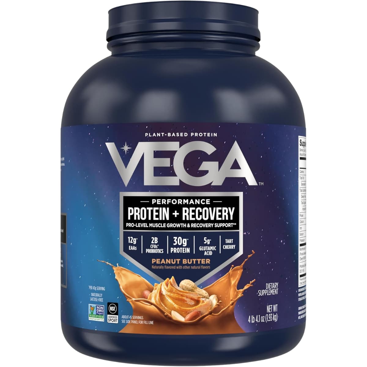 Frasco de suplemento Vega Proteína Vegana Performance sabor Mantequilla de Maní 4 lb