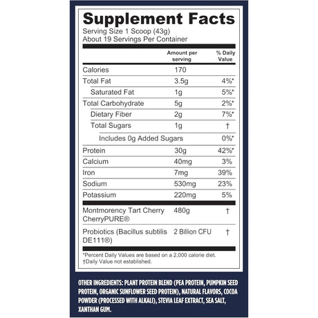 Tabla nutricional del suplemento Vega Proteína Vegana Performance sabor moca 1 lb