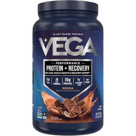 Frasco de suplemento Vega Proteína Vegana Performance sabor moca 1 lb