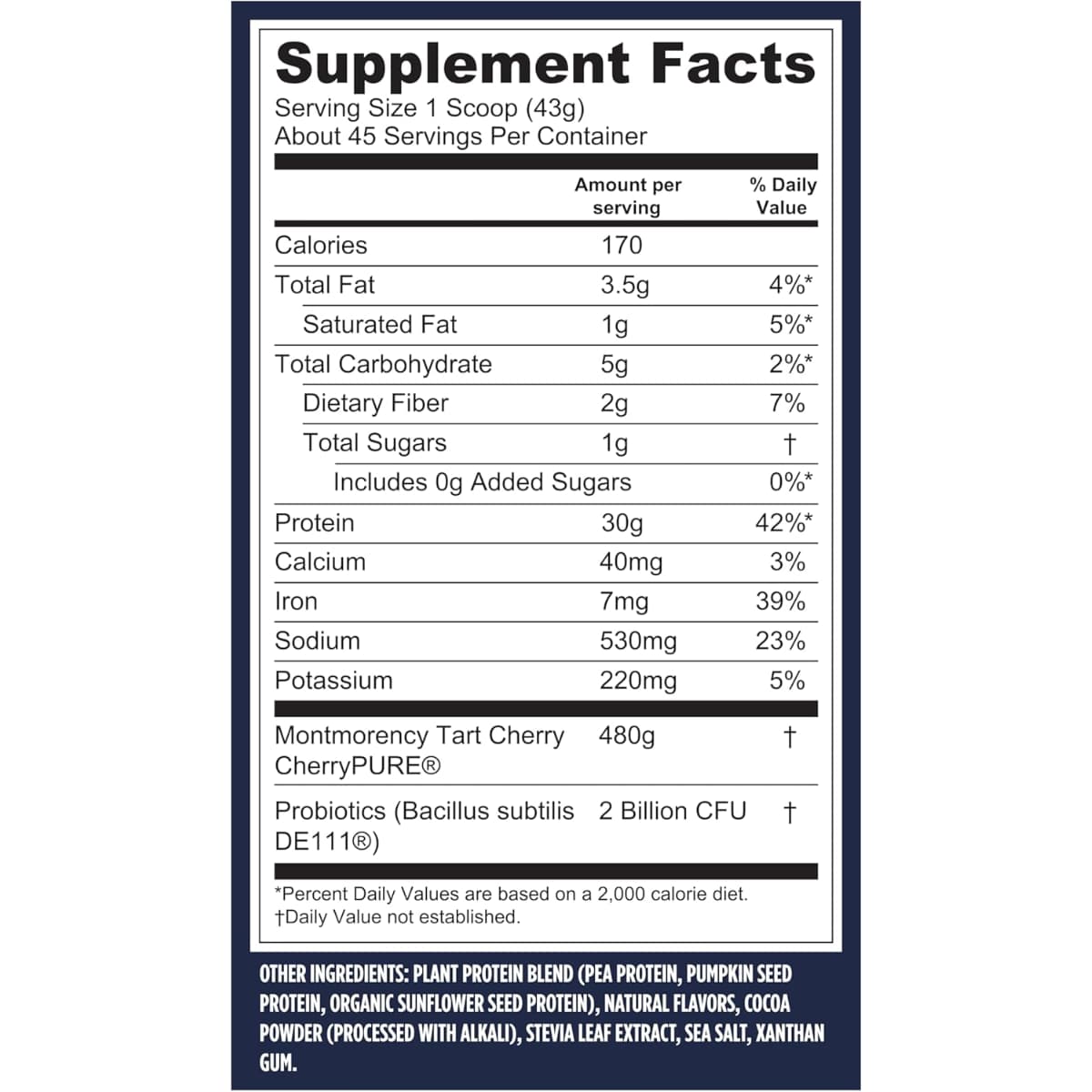 Tabla nutricional del suplemento Vega Proteína Vegana Performance sabor Moca 4 lb
