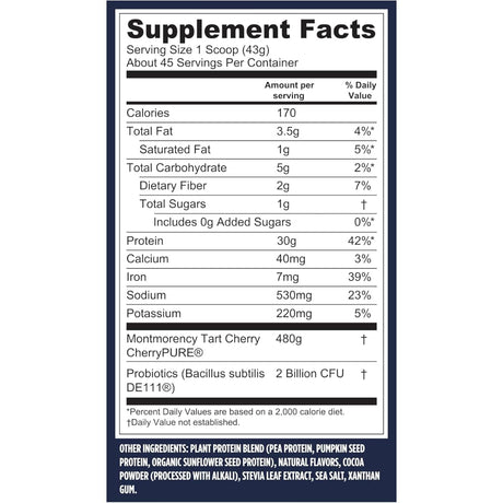 Tabla nutricional del suplemento Vega Proteína Vegana Performance sabor Moca 4 lb