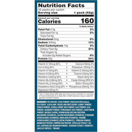Tabla nutricional del suplemento Vega Proteína Vegana Todo-en-Uno Chocolate 10 paquetes