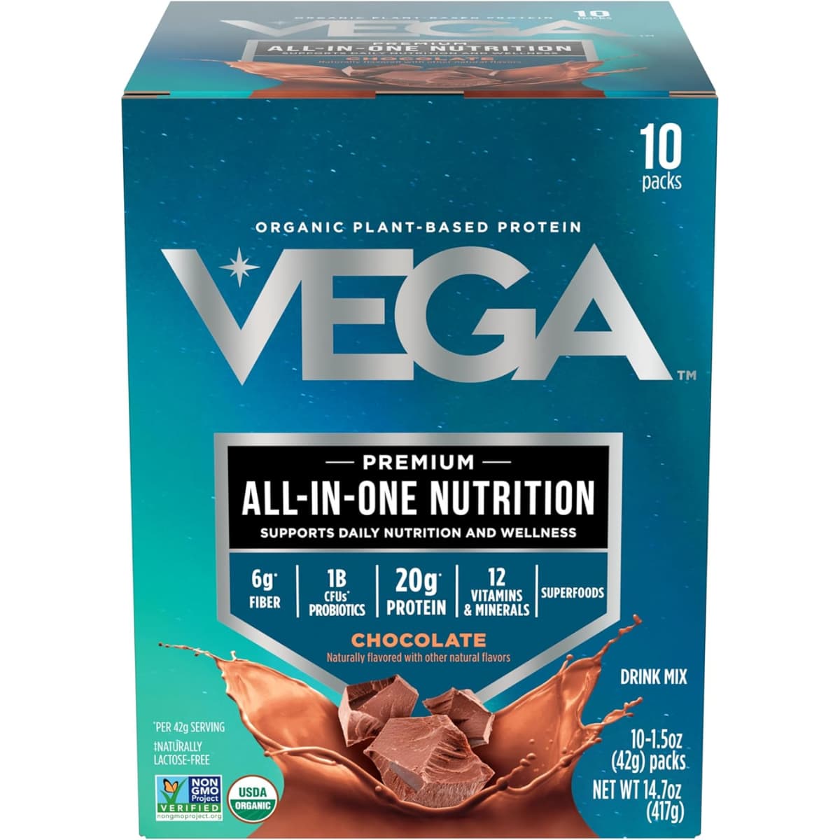 Caja de suplemento Vega Proteína Vegana Todo-en-Uno Chocolate 10 paquetes