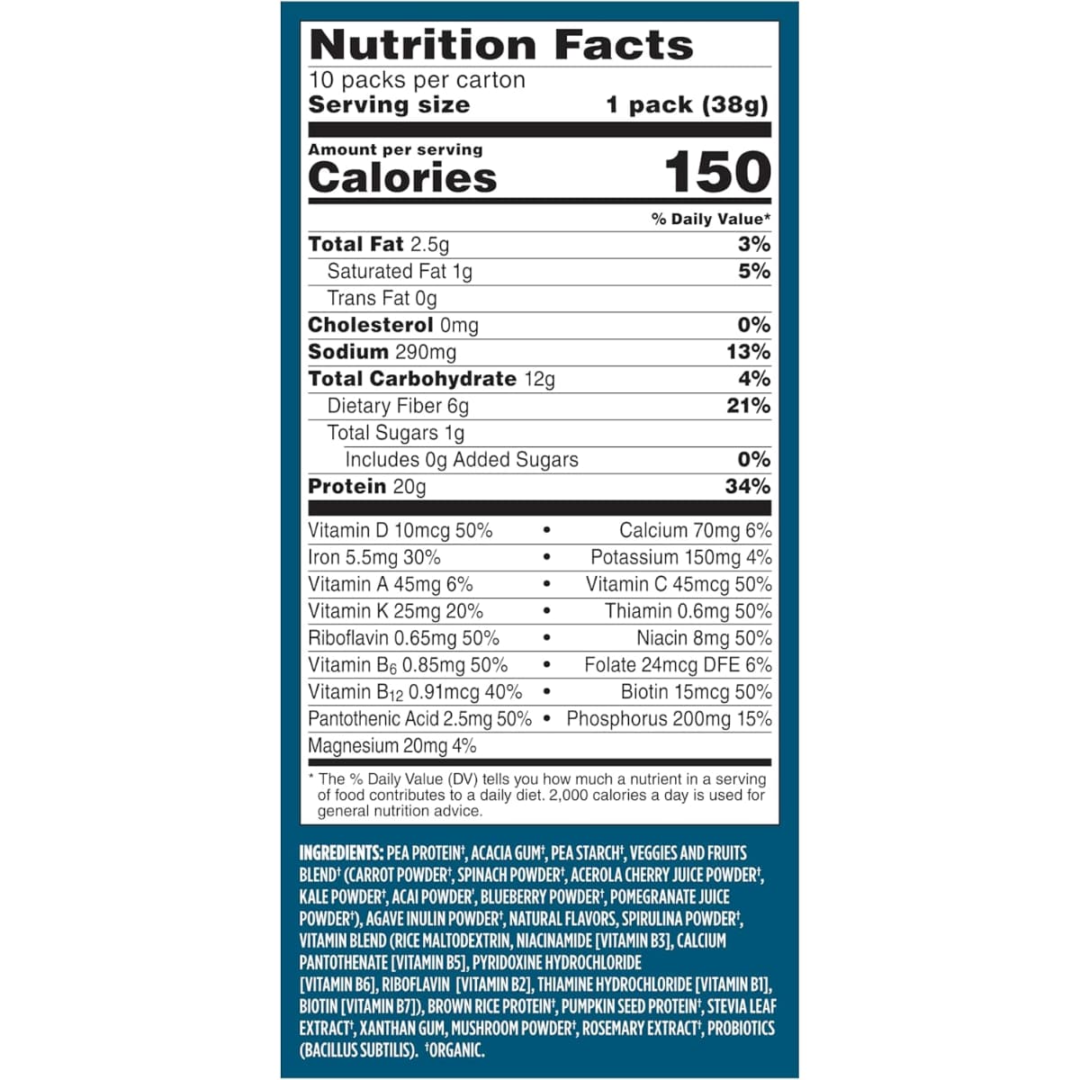 Tabla nutricional del suplemento Vega Proteína Vegana Todo-en-Uno Vainilla 10 paquetes