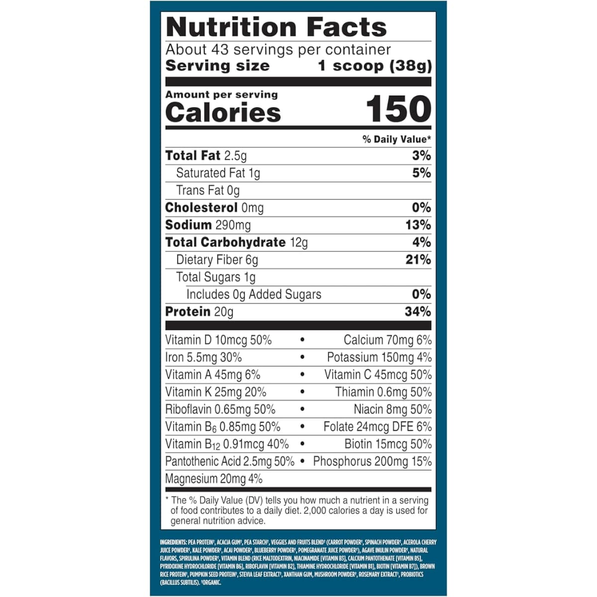 Tabla nutricional del suplemento Vega Proteína Vegana Todo-en-Uno Vainilla Francesa 1500 g