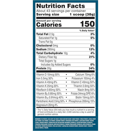 Tabla nutricional del suplemento Vega Proteína Vegana Todo-en-Uno Vainilla Francesa 1500 g