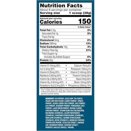 Tabla nutricional del suplemento Vega Proteína Vegana Todo-en-Uno Vainilla Francesa 344 g