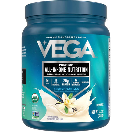 Frasco de suplemento Vega Proteína Vegana Todo-en-Uno Vainilla Francesa 344 g