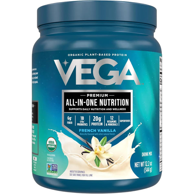Frasco de suplemento Vega Proteína Vegana Todo-en-Uno Vainilla Francesa 344 g