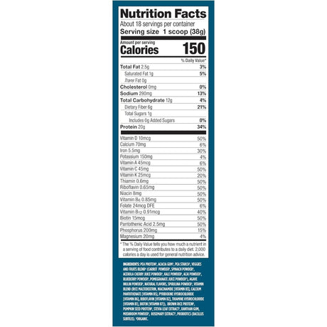 Tabla nutricional del suplemento Vega Proteína Vegana Todo-en-Uno Vainilla Francesa 689 g