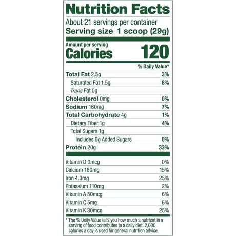 Tabla nutricional del suplemento Vega Proteína y Vegetales 522g polvo