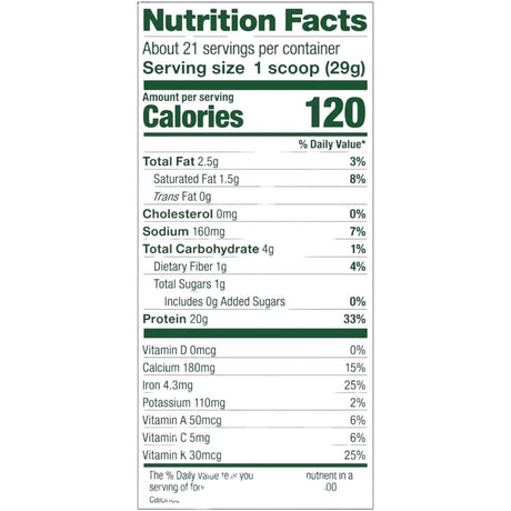Tabla nutricional del suplemento Vega Proteína y Vegetales 609g polvo