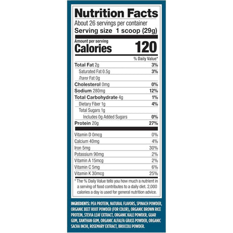 Tabla nutricional del suplemento Vega Proteína y Vegetales 754g polvo