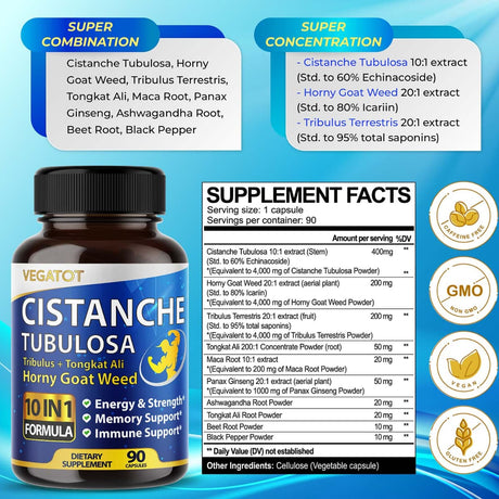 Tabla nutricional del suplemento Vegatot Cistanche Tubulosa 180 cápsulas