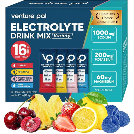 Caja frontal de Venture Pal mezcla de electrolitos, paquete surtido de 16 sobres