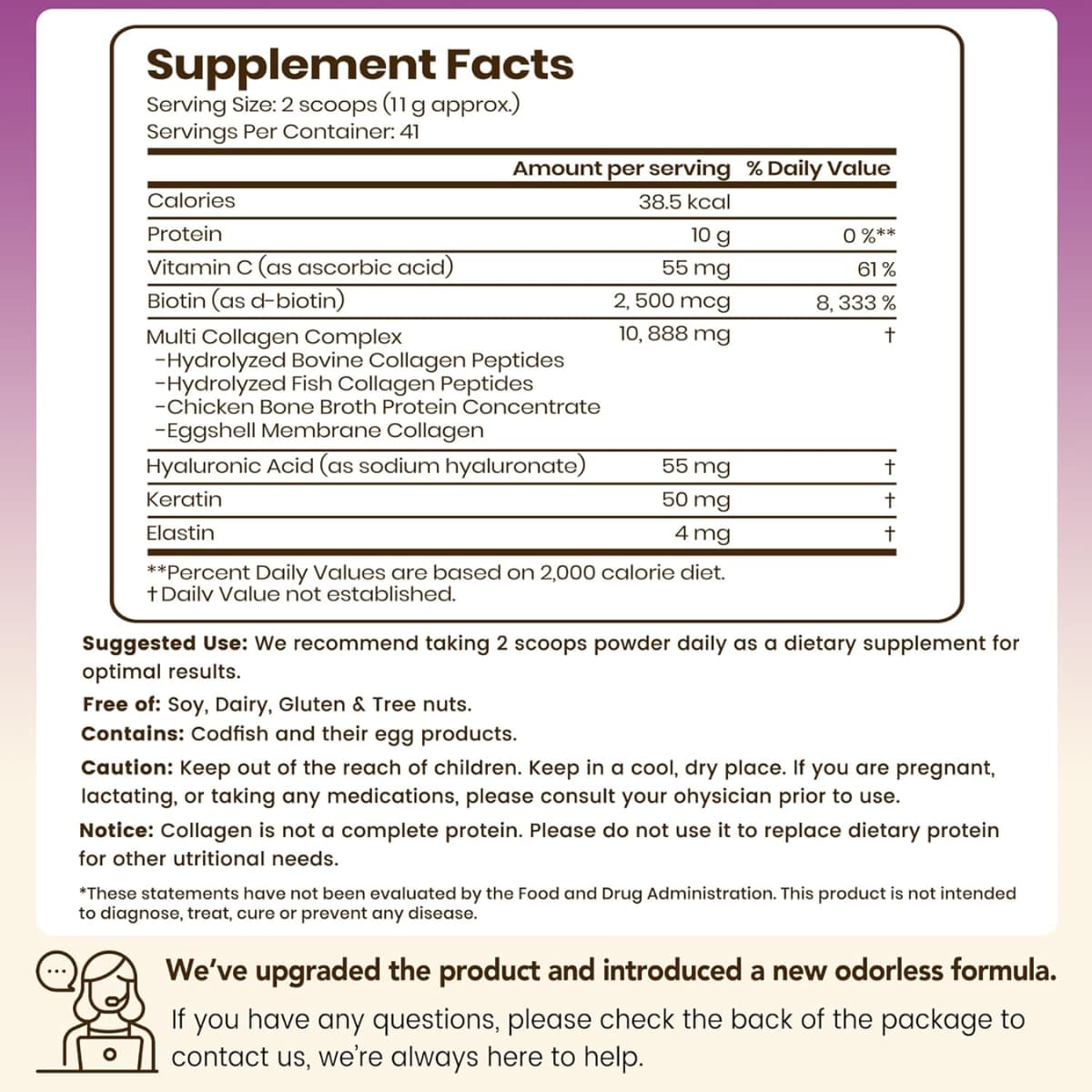 Tabla nutricional del suplemento VEV Complejo de Colágeno Multi polvo 1 lb