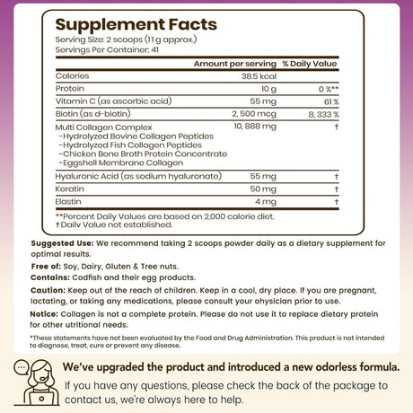 Tabla nutricional del suplemento VEV Complejo de Colágeno Multi polvo 1 lb