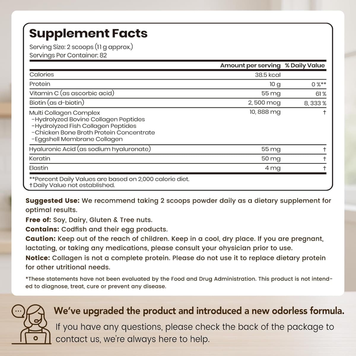 Tabla nutricional del suplemento VEV Complejo de Colágeno Multi polvo 2 lb
