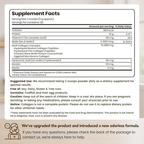 Tabla nutricional del suplemento VEV Complejo de Colágeno Multi polvo 2 lb