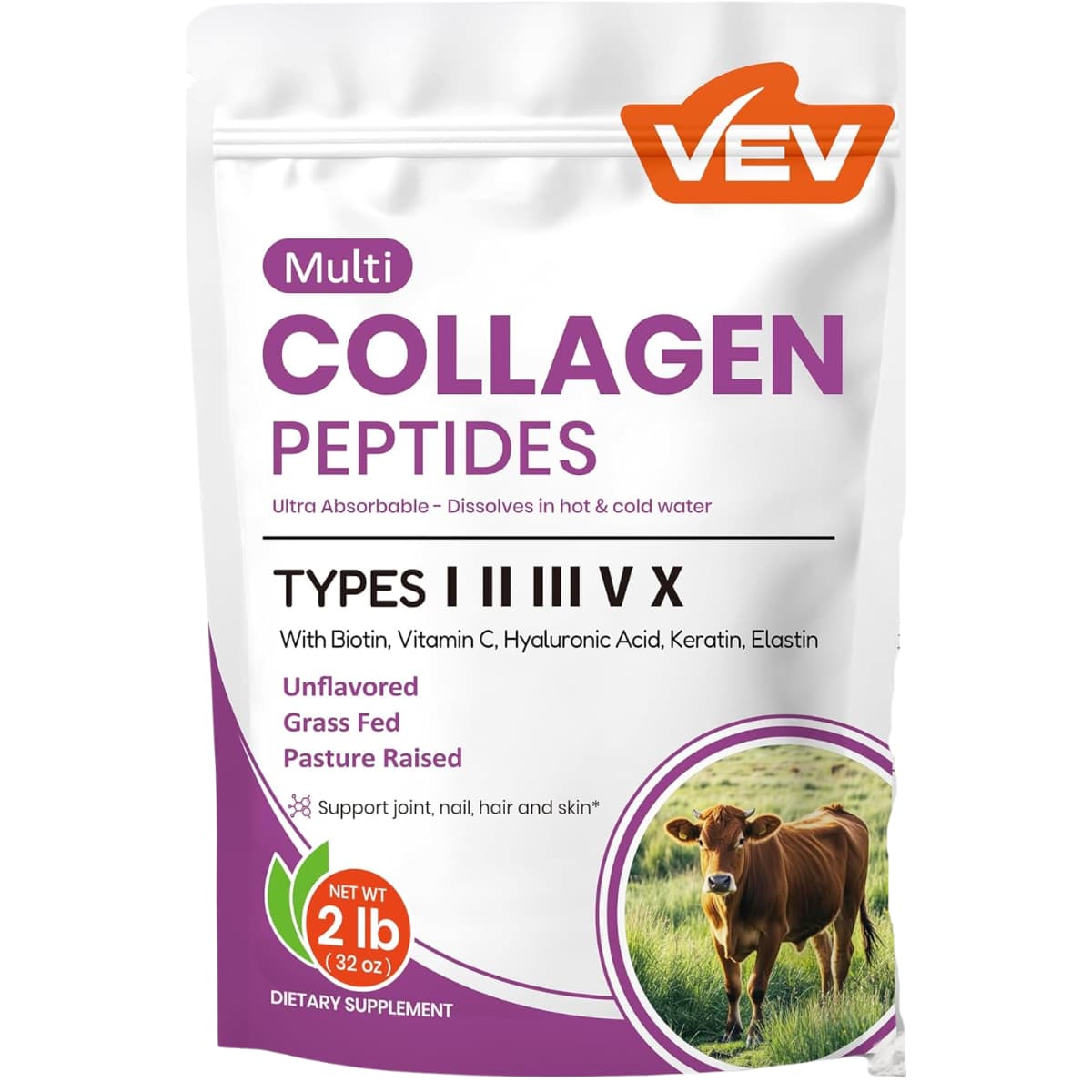 Frasco de suplemento VEV Complejo de Colágeno Multi polvo 2 lb