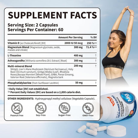 Etiqueta de suplemento de VEV DeepCalm complejo de magnesio 15 en 1 con información de porción e ingredientes