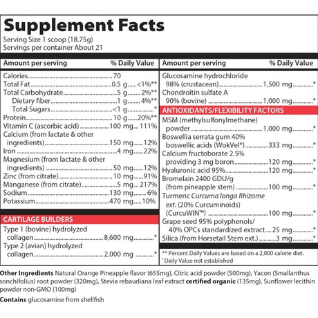 Tabla nutricional del suplemento Vibrant Health Joint Vibrance sabor naranja piña 388 g