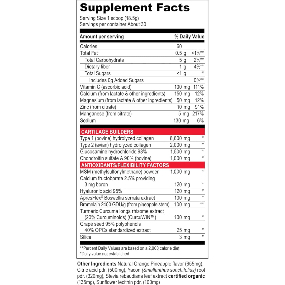 Tabla nutricional del suplemento Vibrant Health Joint Vibrance sabor naranja piña 555 g
