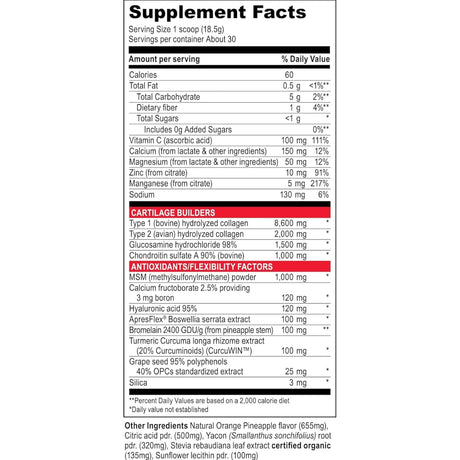 Tabla nutricional del suplemento Vibrant Health Joint Vibrance sabor naranja piña 555 g