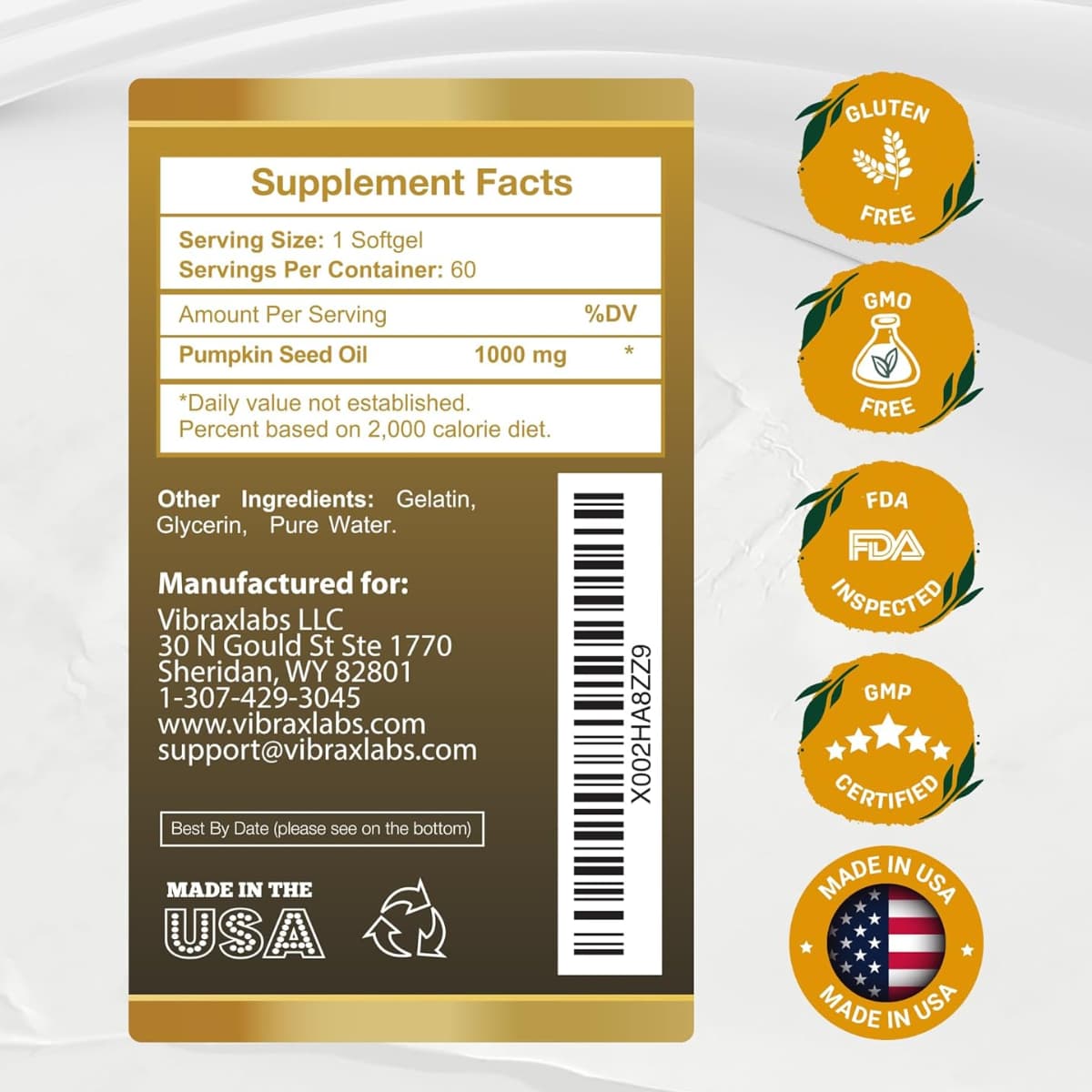 Tabla nutricional del suplemento VibraxLabs Aceite de Semillas de Calabaza 1000 mg 60 cápsulas blandas