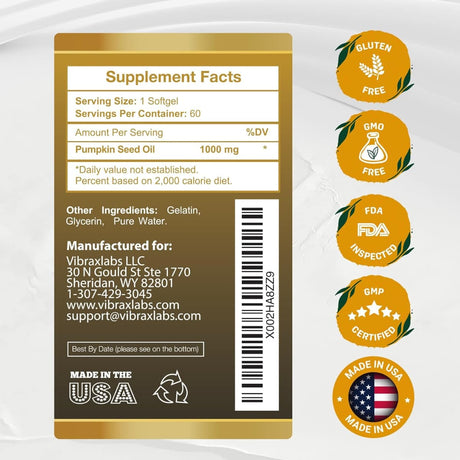 Tabla nutricional del suplemento VibraxLabs Aceite de Semillas de Calabaza 1000 mg 60 cápsulas blandas