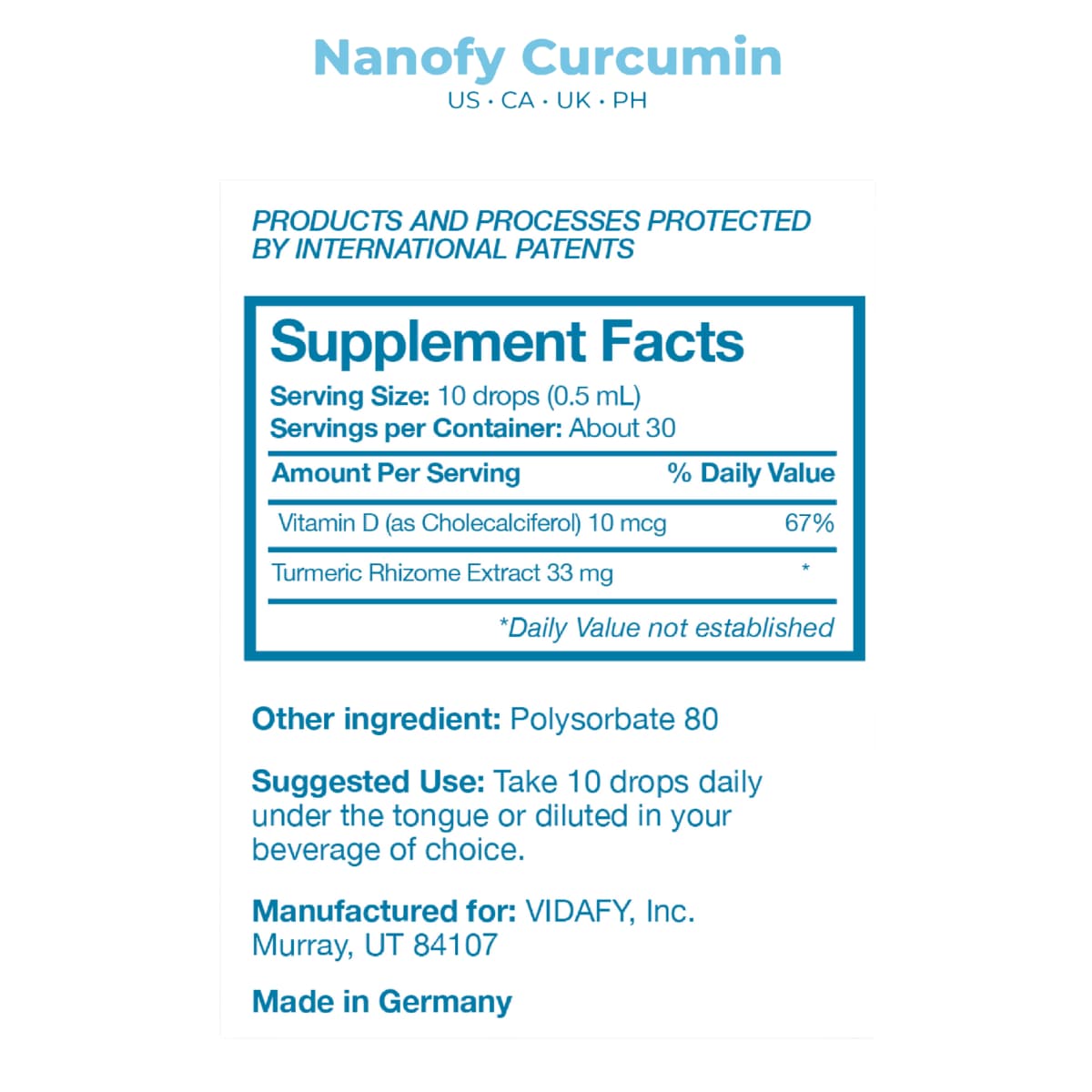 Tabla nutricional del suplemento Vidafy Curcumina Nanificada 15 ml