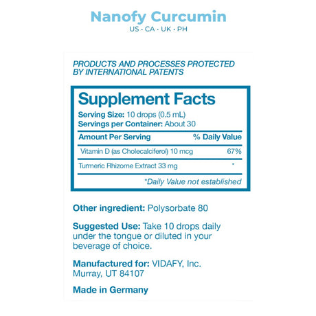 Tabla nutricional del suplemento Vidafy Curcumina Nanificada 15 ml