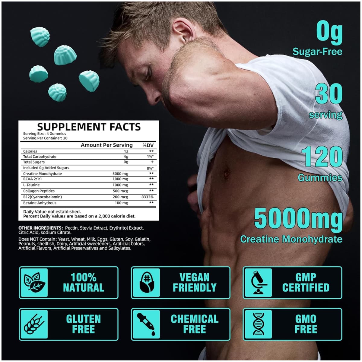 Tabla nutricional del suplemento Vifssg Monohidrato de Creatina Arándano Azul 120 gomitas