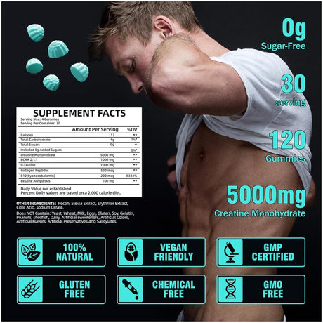 Tabla nutricional del suplemento Vifssg Monohidrato de Creatina Arándano Azul 120 gomitas