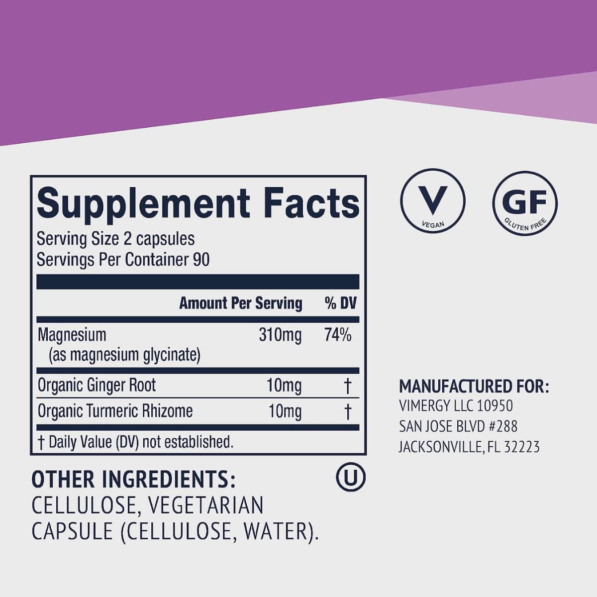 Tabla nutricional del suplemento Vimergy Glicinato de Magnesio 180 cápsulas