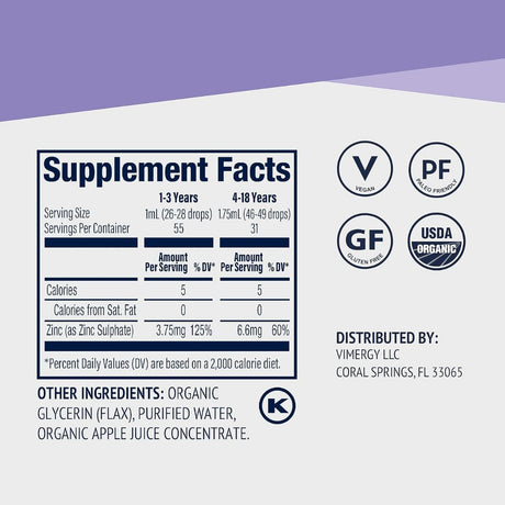 Tabla nutricional del suplemento Vimergy Sulfato de Zinc 6.6 mg 55 ml Líquido