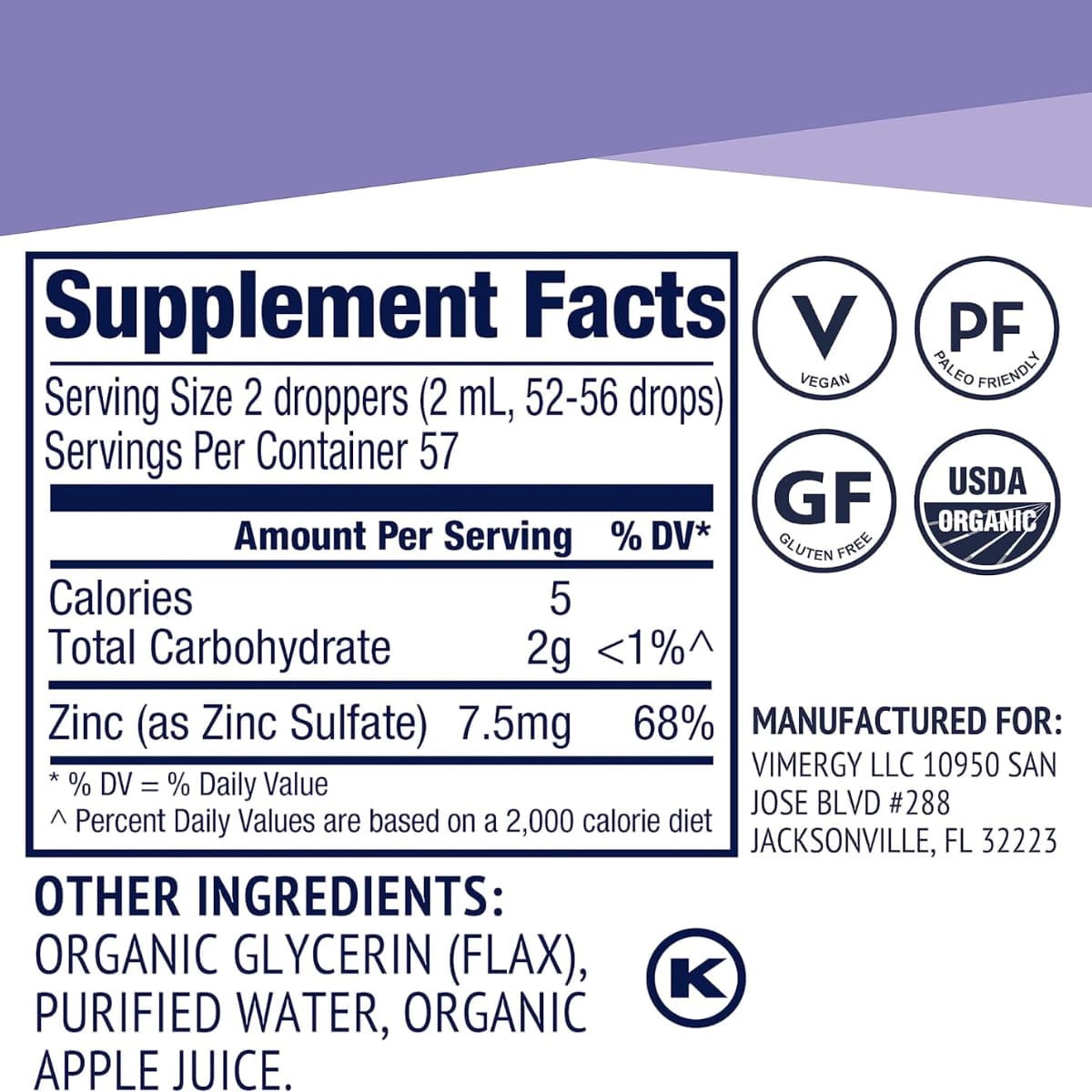 Tabla nutricional del suplemento Vimergy Sulfato de Zinc Orgánico Líquido 115 mL