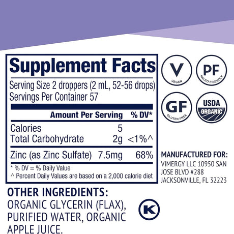 Tabla nutricional del suplemento Vimergy Sulfato de Zinc Orgánico Líquido 115 mL