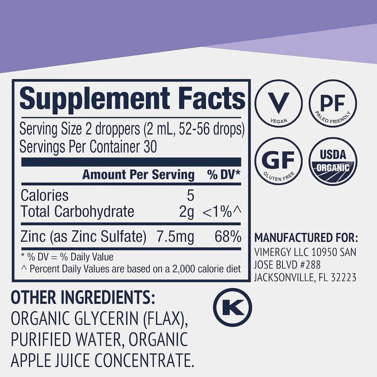 Tabla nutricional del suplemento Vimergy Sulfato de Zinc Orgánico Líquido 55 mL