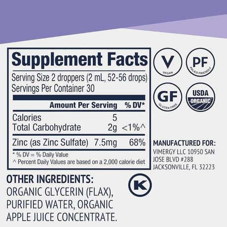 Tabla nutricional del suplemento Vimergy Sulfato de Zinc Orgánico Líquido 55 mL