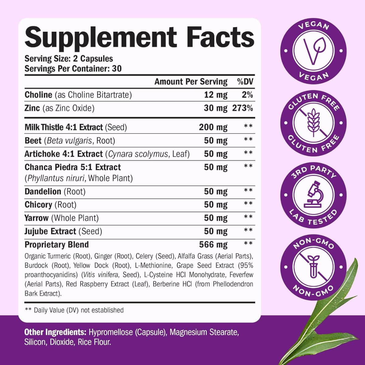 Tabla nutricional del suplemento Vimerson Health Cardo Mariano 60 cápsulas