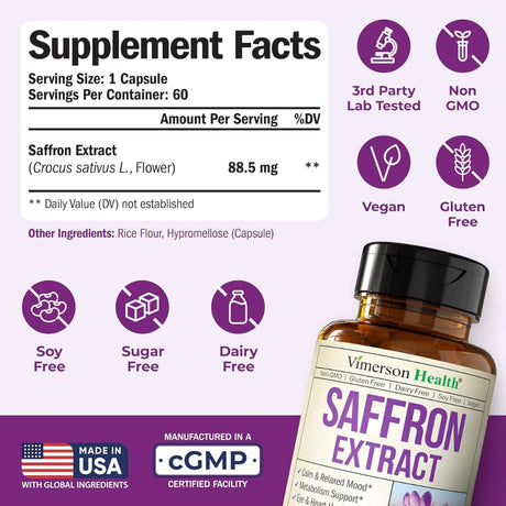 Tabla nutricional del suplemento Vimerson Health Extracto de Azafrán 88.5 mg 60 cápsulas