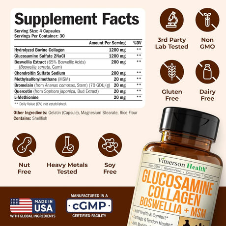 Tabla nutricional del suplemento Vimerson Health Glucosamina, Condroitina, MSM y Colágeno 120 cápsulas