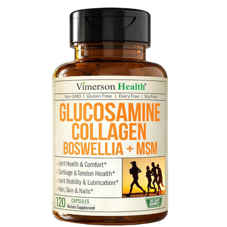 Frasco de suplemento Vimerson Health Glucosamina, Condroitina, MSM y Colágeno 120 cápsulas
