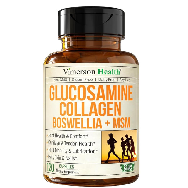Frasco de suplemento Vimerson Health Glucosamina, Condroitina, MSM y Colágeno 120 cápsulas