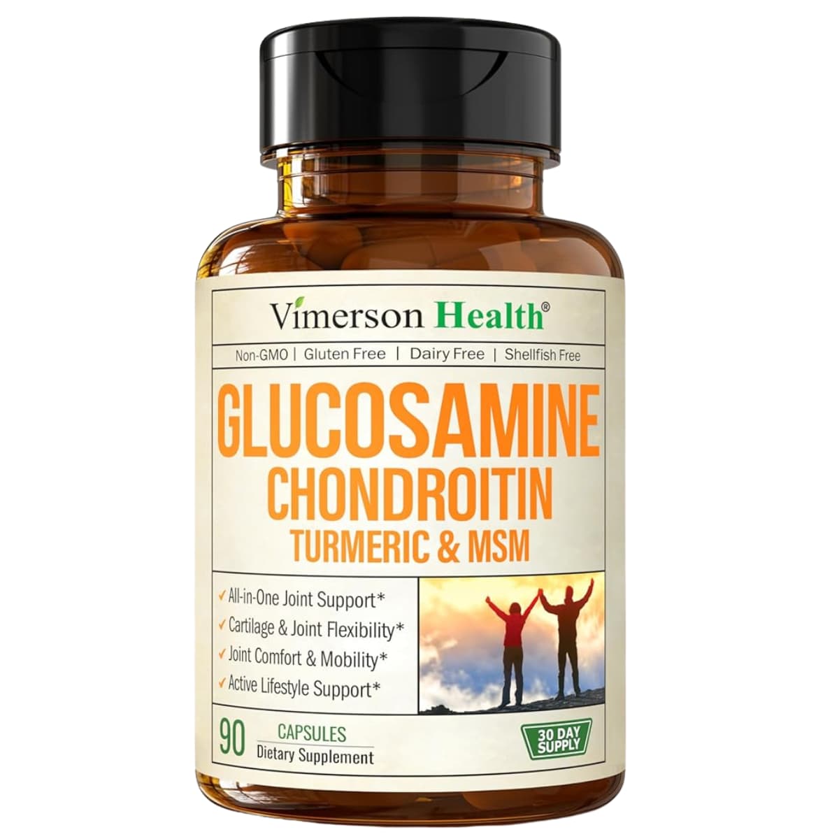 Frasco de suplemento Vimerson Health Glucosamina, Condroitina, MSM y Cúrcuma 90 cápsulas