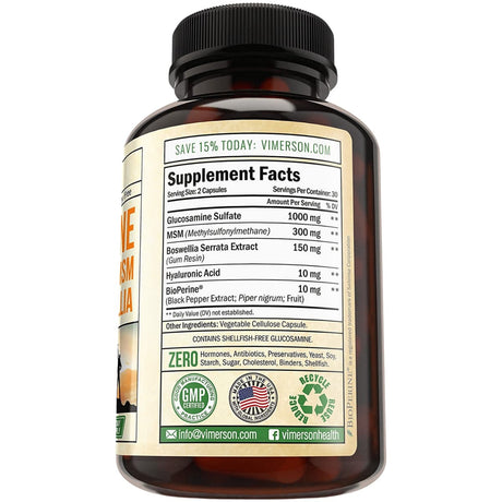 Tabla nutricional del suplemento Vimerson Health Sulfato de Glucosamina con Ácido Hialurónico y Boswellia 60 cápsulas