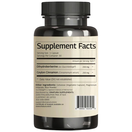 Tabla nutricional del suplemento Vinatura Dihidroberberina con Canela de Ceilán 500 mg 30 cápsulas