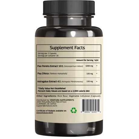 Tabla nutricional del suplemento Vinatura Pao Pereira Pau D'Arco Astrágalo 60 cápsulas